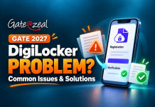 GATE 2027 DigiLocker Registration Problems: Common Issues and Solutions GATE 2027 DigiLocker registration problems thumbnail with a phone, warning symbol, verification checkmarks and Gate At Zeal logo.