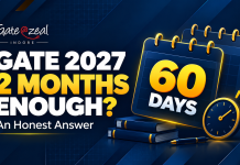 Is 2 Months Enough for GATE Preparation? An Honest Answer for GATE 2027 GATE 2027 preparation thumbnail asking “2 months enough?” beside a 60-day calendar, books, clock and Gate At Zeal Indore logo.