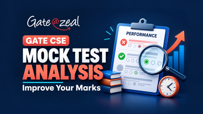 GATE CSE mock test analysis thumbnail with a performance report, magnifying glass, clock, upward arrow and Gate At Zeal logo.